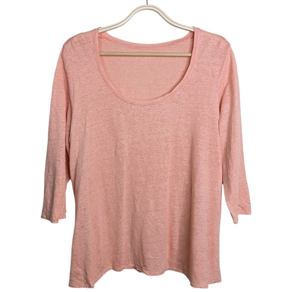 Eileen Fisher Top Large 100% Linen Orange Scoop Neck 3/4 Sleeve Pullover Lightwe